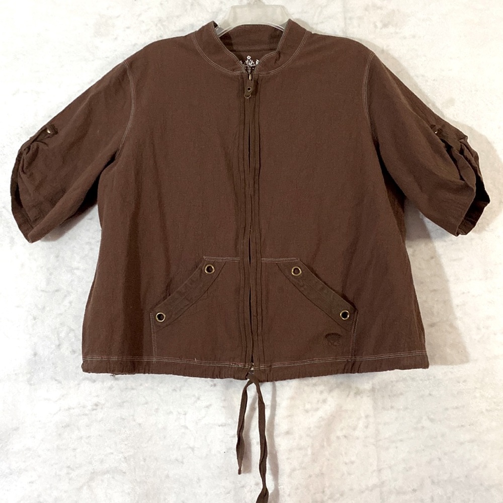 Oleg Cassini Sport Brown Twill Denim Zip Jacket Drawstring Hem Size 1X
